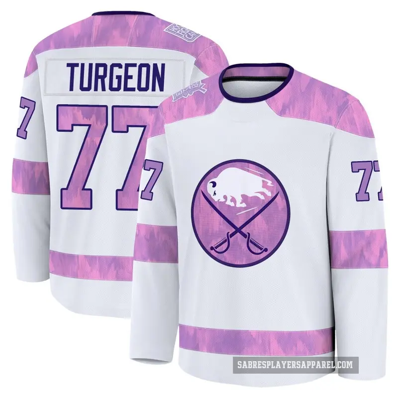 Men's Pierre Turgeon Buffalo Sabres ＃77 Premium White 2024 Hockey Fights Cancer Practice Jersey